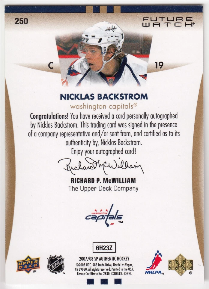 2007-08 Upper Deck SP Authentic Future Watch Auto NICKLAS BACKSTROM 250 #/999 RC - Image 2 of 2