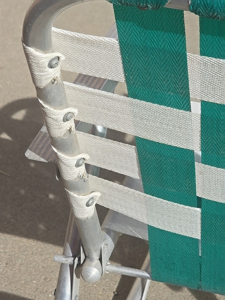 Vintage Aluminum Lawn ROCKING CHAIR Foldable Newly Webbed Green White ...