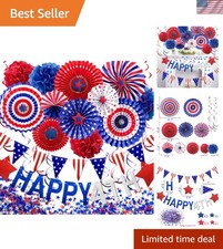Patriotic 4th of July Decorations Set: Fans, Pom-Poms Flags for Celebrations