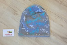 wollhuhn Kinder Beanie M&uuml;tze Einheitsgr&ouml;&szlig;e grau Schriftzug-Print Graffiti