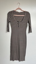 Heart Hips Black Beige Striped Knit 3/4 Sleeve Scoop Neck Midi Bodycon Dress L