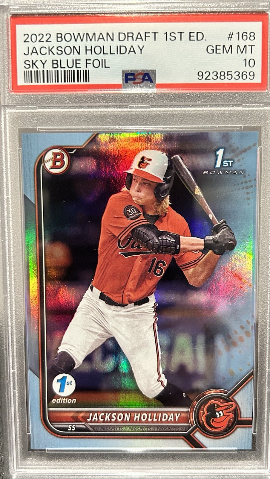 2022 BOWMAN DRAFT 1ST EDITION JACKSON HOLLIDAY SKY BLUE FOIL #168 - PSA 10
