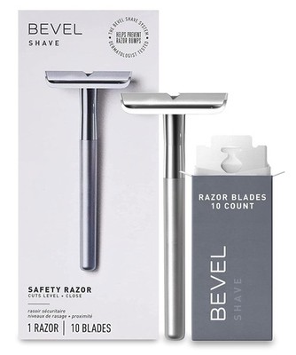 Bevel Men's Safety Razor Brass Handle Razor 10 Double Edge Blades Silver Refills