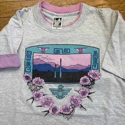 Vintage 90s Desert Rose Shirt Tribal Aztec Mountain Art Gray Pink Size M