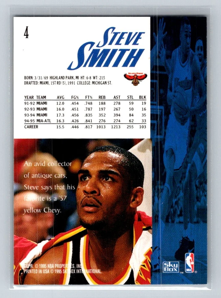 1995-96 SkyBox Premium #4 Steve Smith Atlanta Hawks Basketball Card - Image 2 of 2