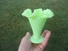 Vintage Signed Fenton Jade Jadite Hobnail Ruffled Trumpet Vase Green - STUNNING