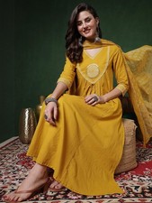 Indian Women Viscose Rayon Yellow Printed Anarkali Kurta with Palazzo Dupatta