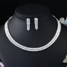 Silver Plated Marquise Leaf Zirconia Tennis Necklace Earrings Bridal Jewelry Set