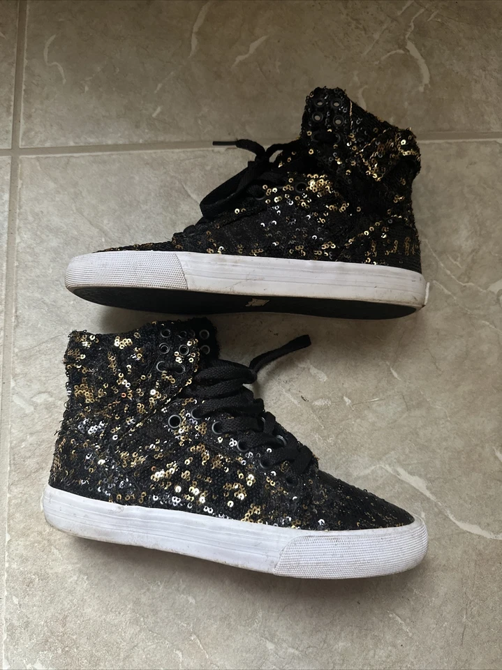 Sapatos femininos SUPRA Skytop metálico preto metálico dourado lantejoulas tamanho 6 - Imagem 3 de 4