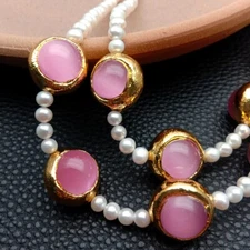 2 Rows  White Pearl Pink Cat Eye Gold Plated Necklace Multi Strands Jewelry 18"