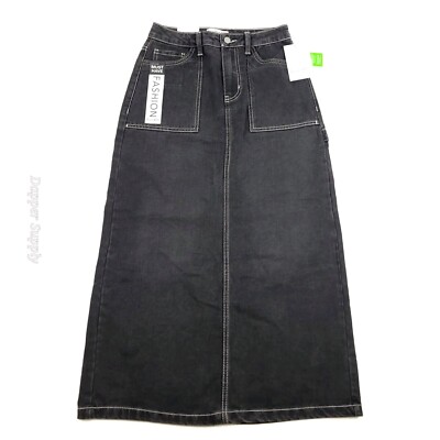 Love Fire Black Charcoal Denim Cargo Utility Maxi Skirt Women s Size 1 Back Slit