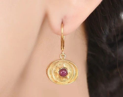 Ruby Cabochon 14K Gold Plated Earring