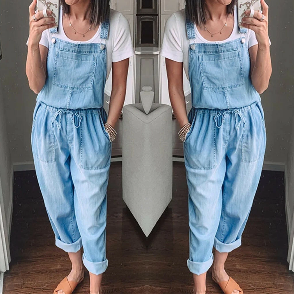 Womens Denim Jeans Dungarees Overalls Jumpsuit Baggy Trousers Pants Fashion