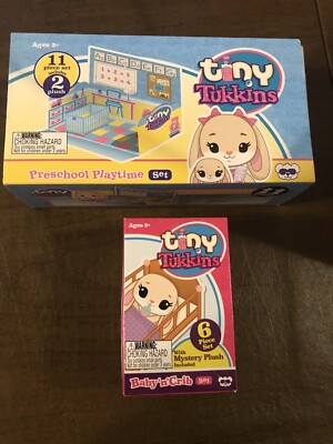 Tiny Tukkins 11 Piece Set-PRESCHOOL PLAYTIME W Bunny & 6pc Baby N Crib Set Refil