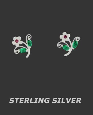 LAB CREATED RUBINE & SMARAGDE BLUMEN OHRRINGE .925 SILBER - NEU MIT ETIKETT - SCHRAUBVERSCHLÜSSE