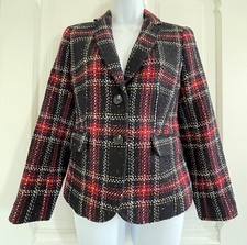 NWOT Talbots 2P Aberdeen Wool Blend Yarn Weave Plaid Jacket Lined Black Red Cr