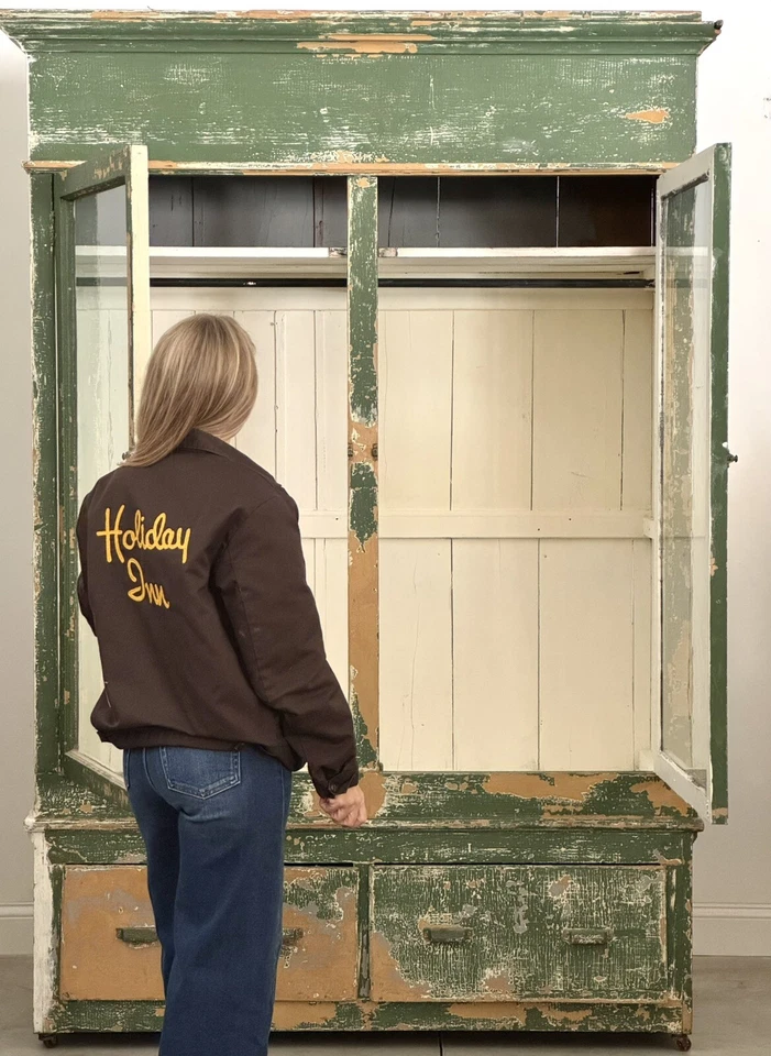 Antiguo Vitrina Boticario Verde Primitivo Armario Hutch Vitrina Vidrio Foto 3 de 4