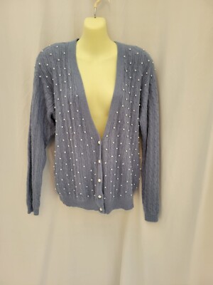 That's me! Womens Blue Pearl Studded Lambswool Angora Cardigan Sweater~Size  L
