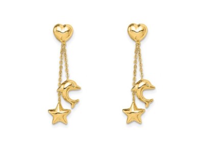 Massive 14k Gelbgold Ohrhänger Kette fein zierlich gepufft Delfin Stern Ohrstecker