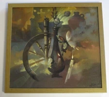 RUSSIAN PAINTING SIGNED MODERNISM SURREAL STILL LIFE WITH BUTTERFLY ABSTRACT