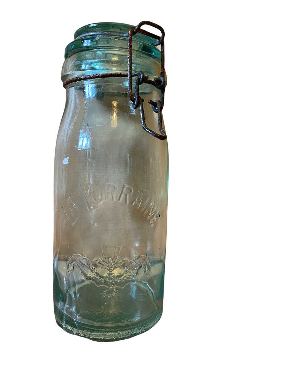 Ancien Bocal LA LORRAINE En Verre Moulé Vert - 1,1 L - Parfait état Vintage