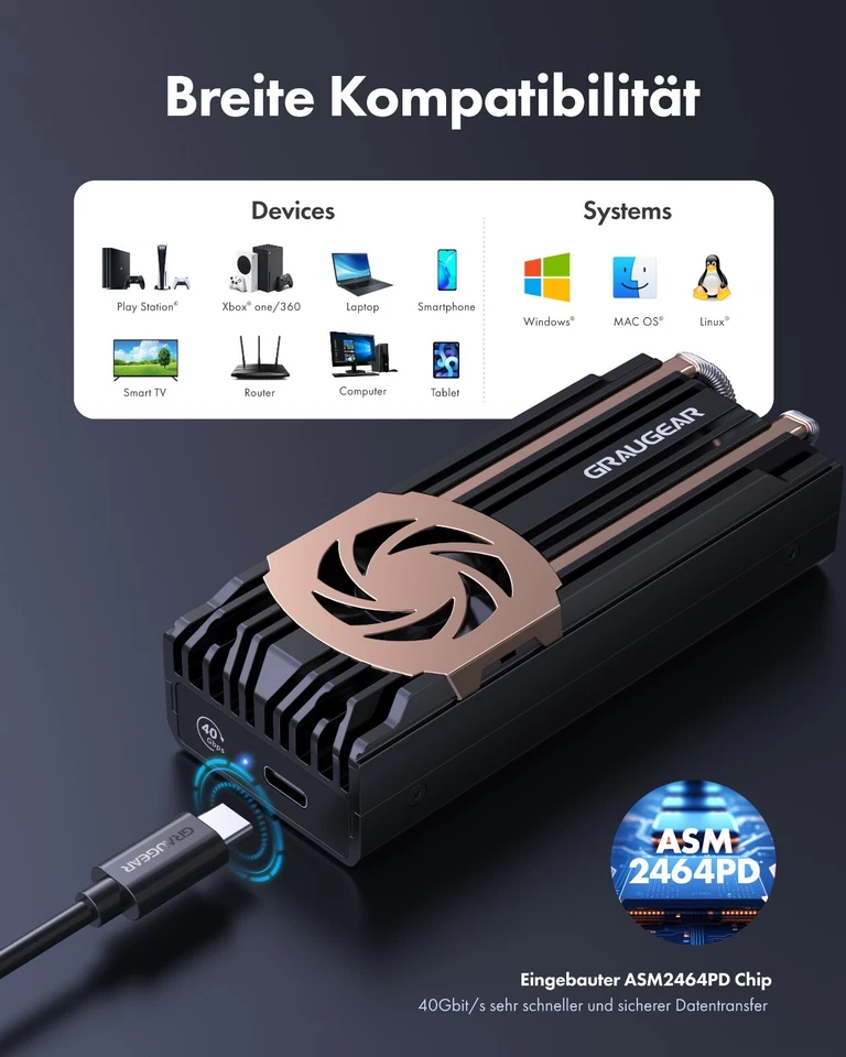 USB 4 Festplattengehäuse für M.2 nvme PCIe 4x SSD Thunderbolt 4 40Gbps Lüfter - Bild 3 von 4