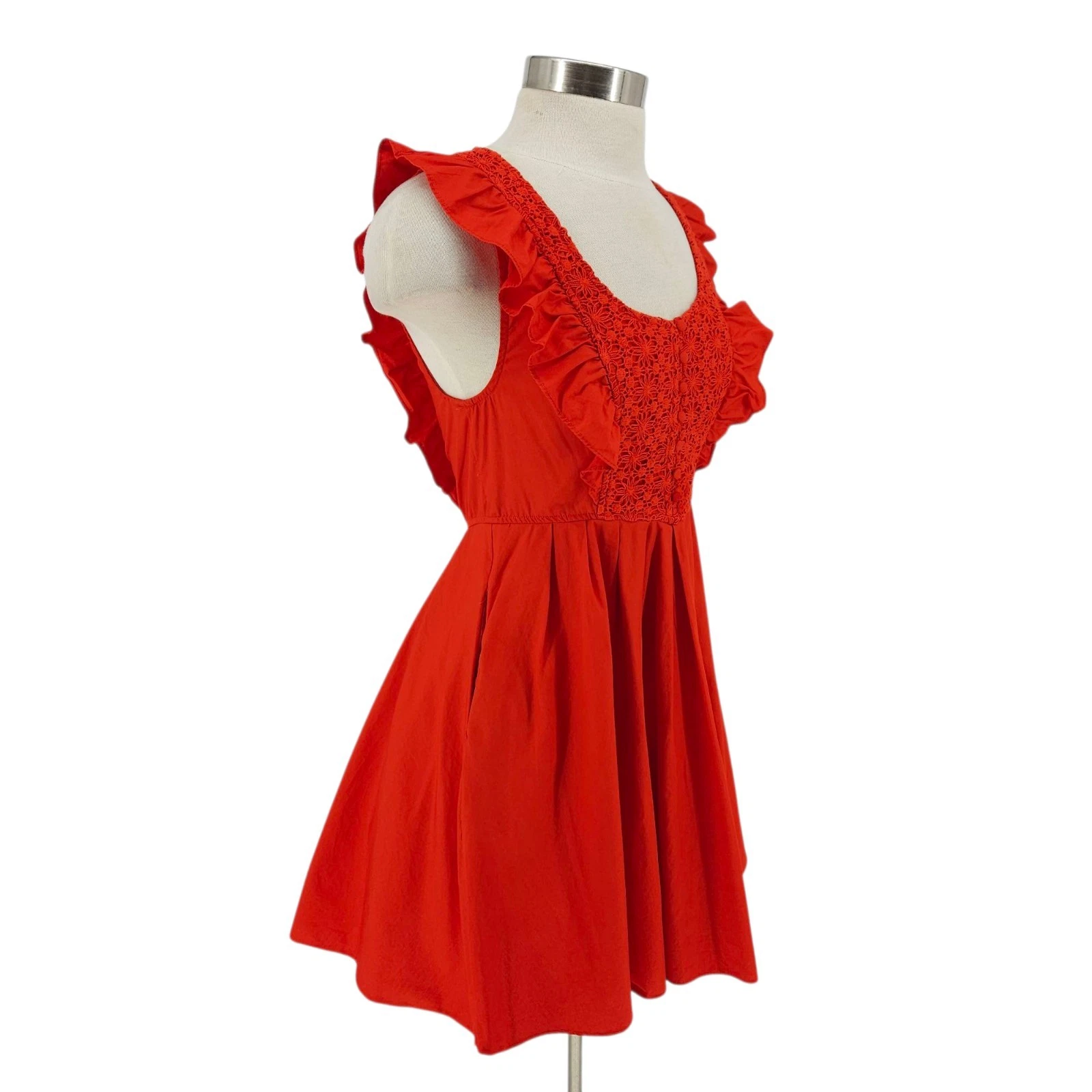 VALENTINO Free People Fit abito svasato mezza luna rosso manica svasata pizzo plissettato linea A XS