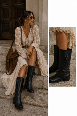 Formentini Vera Pelle Black Leather Mid Calf Boots US 8.5  Italy Block Heel
