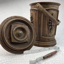 VINTAGE 70’s LARGE ICE BUCKET MID CENTURY RETRO TONGS FAUX WOOD CONTAINER ￼