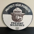 VINTAGE SMOKEY THE BEAR PROTECT OUR FORESTS GASOLINE MOTOR OIL PORCELAIN SIGN