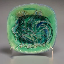 Vintage Avraham Gofer Studio Art Pottery Rooster Plate, blue & green, home decor