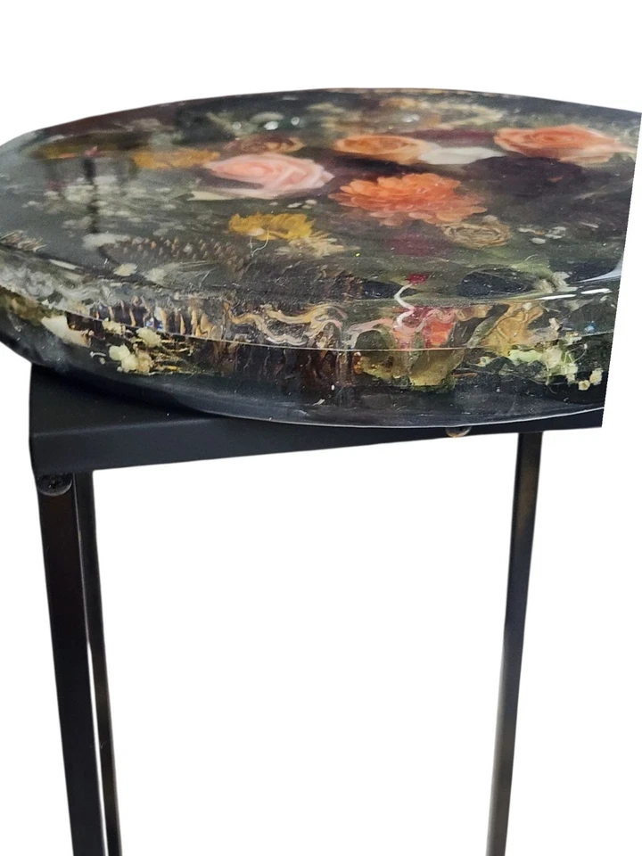 epoxy resin Table Top Handcrafted Side Table Top, 14" Round Floral Thick Heavy  - Image 2 of 4
