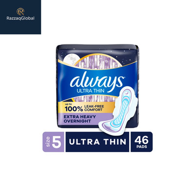 Always Ultra Thin Overnight Pads with Wings, Size 5, Extra Heavy Overnight 46 Ct
