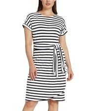 Chaps Knit Dress Women’s Small Black White Strip Tie Waist Cap Sleeve Nautical