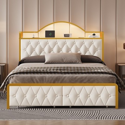 Upholstereded Bed Frame with 2 Storage Drawers, LED Lights,With Charging Station