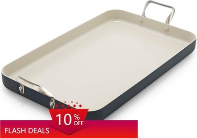 GreenPan 18'' x 11'' Double Burner Griddle Pan, Hard Anodized Healthy Ceram, Black