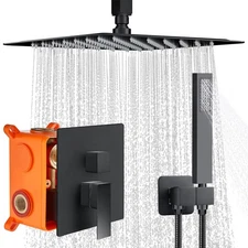 Black Shower Faucet Set 8"Rainfall Shower Head Combo System with Mixer Valve Kit