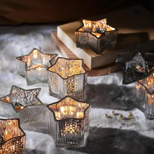 10pcs Silver Ribbed Star Candle Cups - Assorted Height Tea Light Holders, Vot...