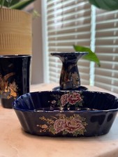 Vintage Blue with gold rim Peacock Ceramic 3pc Bathroom Set Japan: soap holder