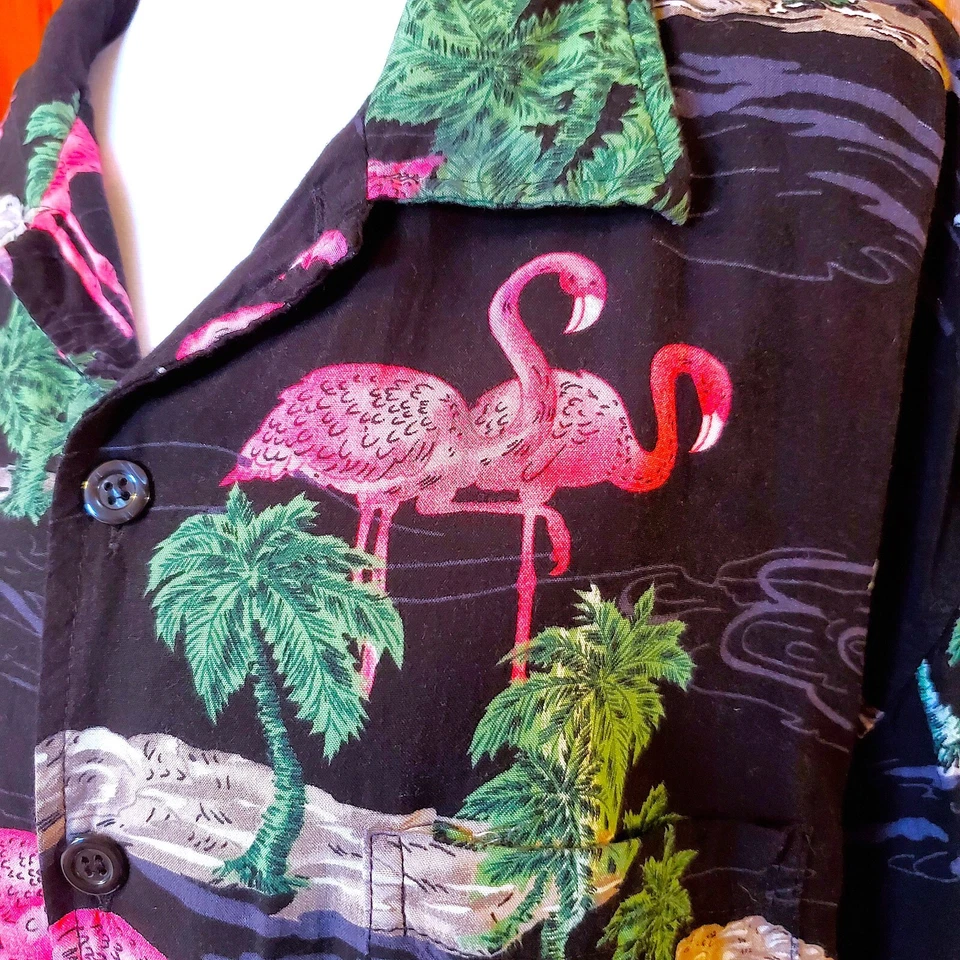 Grace Men's Black Hawaiian Button Down Shirt Sz XL Flamingos Tropical Palm Trees - Image 2 of 4