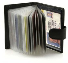 Black Leather Pocket Business Card Organizer Clear Sleeve Insert Strap Closed