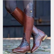 Women Riding Knee High Boots Buckle Stretch Retro Moto Rider Shoe Low Heels Flat