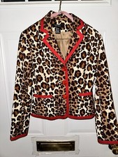 ETCETERA Beige Brown Cheetah Print Cotton Blend Red Grosgrain Trim Blazer sz 0