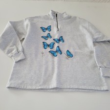 Vintage Lee Quarter Zip Light Heather Gray Sweatshirt Blue Butterflies Signed XL