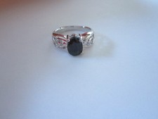 Stylish Single Stone Sterling Silver Oval Cut Real Black Sapphire Ring size 7