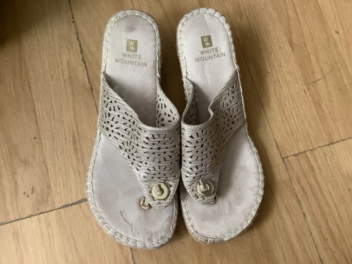 White Mountain Beachball Beige Glitter Thong Espadrille Wedge