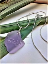 Engraved Inspirational "LAUGH" Purple Sea Glass Pendant Snake Chain Necklace