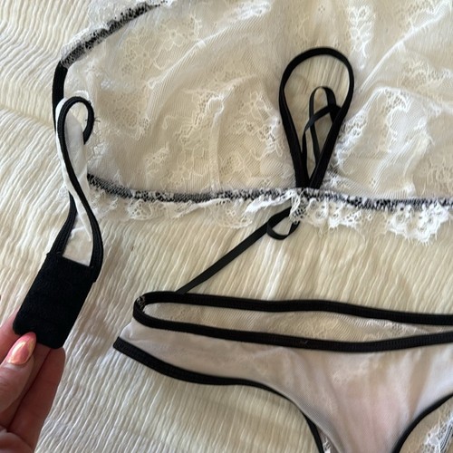 Black and White Lace set lingerie sexy sheer mesh new S/M panty & halter top - Picture 4 of 4