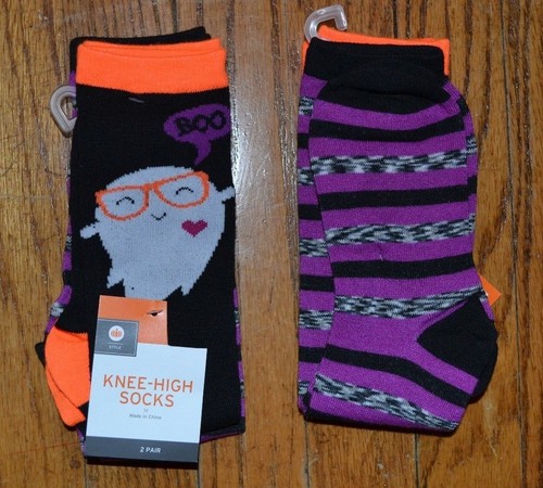 2 Pack Girls Knee High socks or Cozy Slipper Socks Cute Skulls, Halloween Kids - Picture 3 of 11