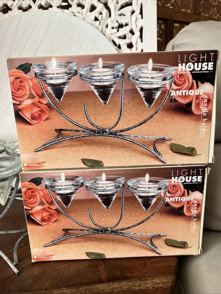 2 Candelabros Votivos Triple Vidrio Pesado y Hierro con Cajas Y2K Foto 3 de 4